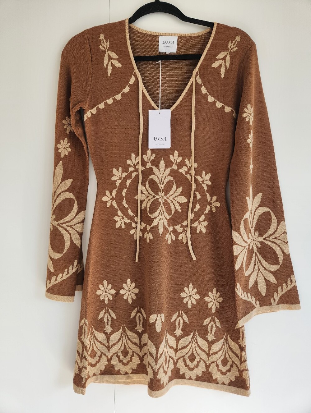 MISA Los Angeles Sahar XS Brown Floral Knit Mini Dress Tie Neck Long Sleeve NWT